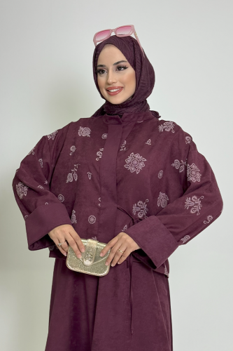 Desenli Ceket ve Etek Takım 8718 Mürdüm - 3