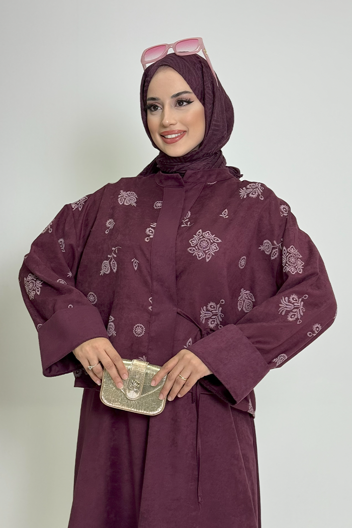 Desenli Ceket ve Etek Takım 8718 Mürdüm - 3