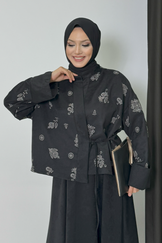 Desenli Ceket ve Etek Takım 8718 Siyah - 5