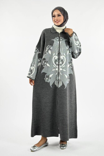 Desenli Fermuarlı Triko Hırka 18320 Antrasit - Bym Fashion