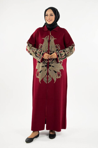 Desenli Fermuarlı Triko Hırka 18320 Bordo - Bym Fashion