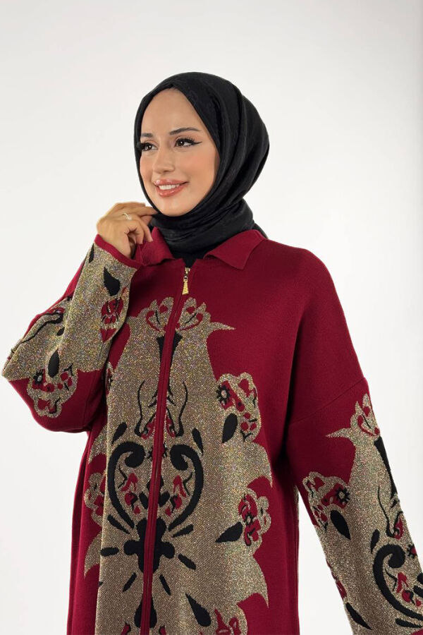 Desenli Fermuarlı Triko Hırka 18320 Bordo - 4