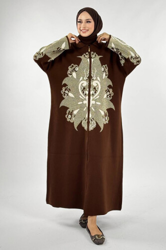 Desenli Fermuarlı Triko Hırka 18320 Kahverengi - Bym Fashion