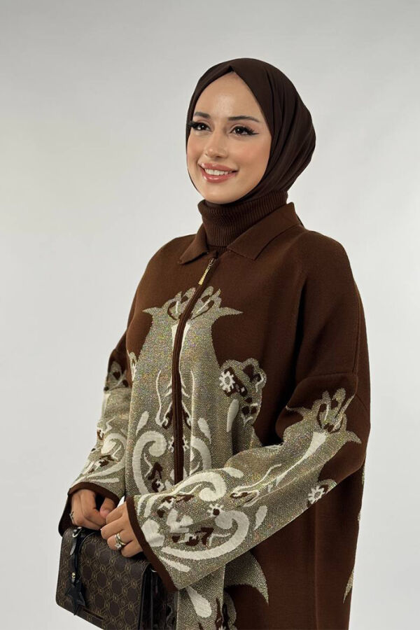 Desenli Fermuarlı Triko Hırka 18320 Kahverengi - 4
