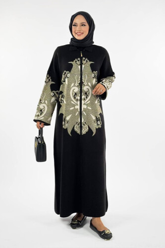 Desenli Fermuarlı Triko Hırka 18320 Siyah - Bym Fashion