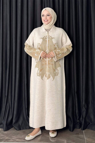 Desenli Fermuarlı Triko Hırka 18320 Taş - Bym Fashion