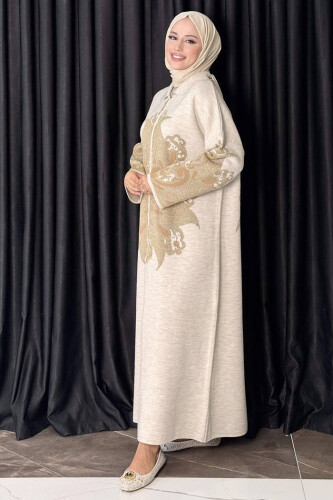 Desenli Fermuarlı Triko Hırka 18320 Taş - 3