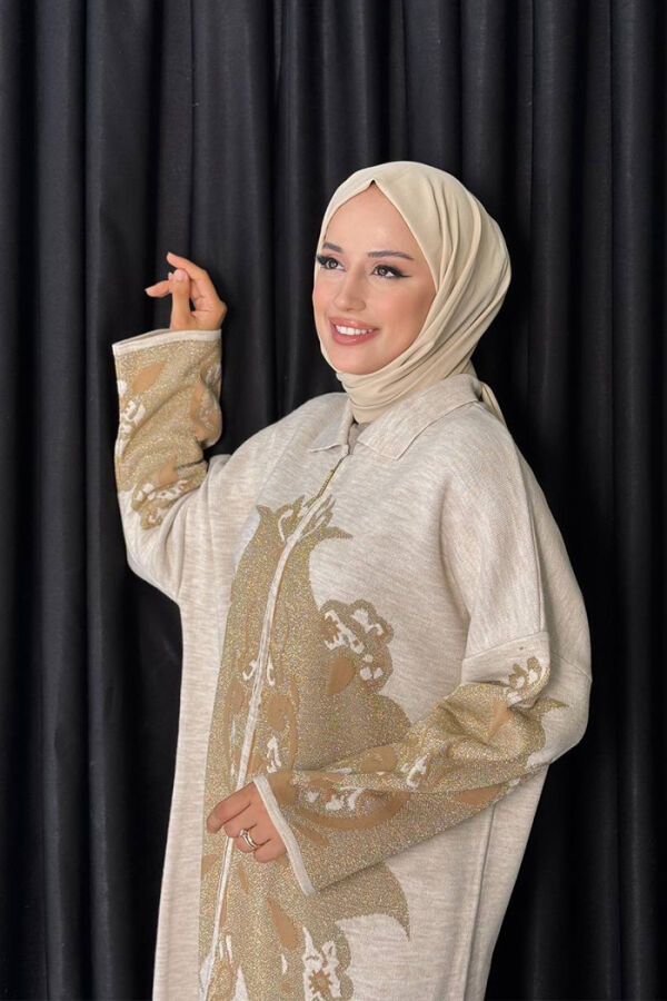 Desenli Fermuarlı Triko Hırka 18320 Taş - 4