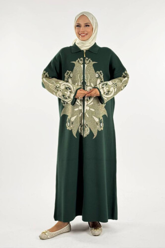 Desenli Fermuarlı Triko Hırka 18320 Zümrüt - Bym Fashion