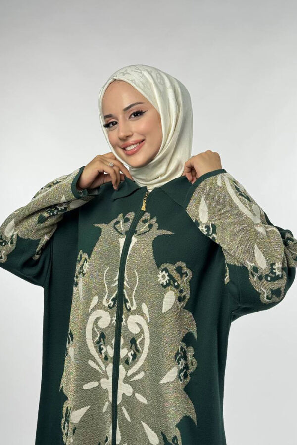 Desenli Fermuarlı Triko Hırka 18320 Zümrüt - 4