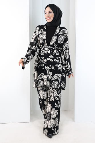 Desenli Kimono Takım 8712 Siyah