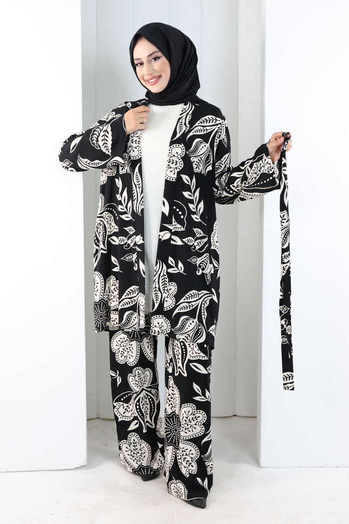 Desenli Kimono Takım 8712 Siyah - 3