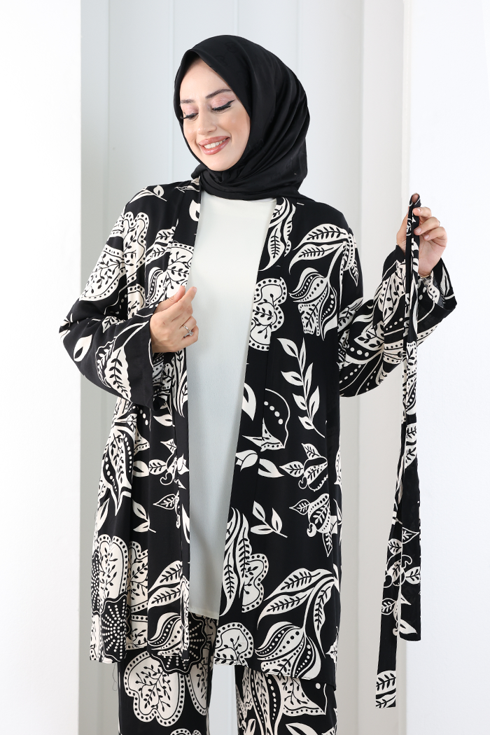 Desenli Kimono Takım 8712 Siyah - 4