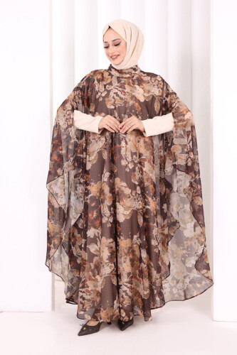 Desenli Şallı Elbise 6076 Kahverengi