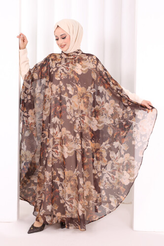 Desenli Şallı Elbise 6076 Kahverengi - 2