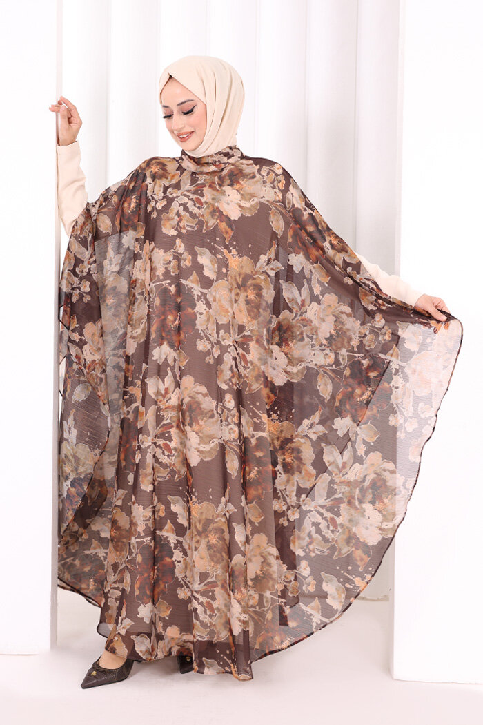 Desenli Şallı Elbise 6076 Kahverengi - 2