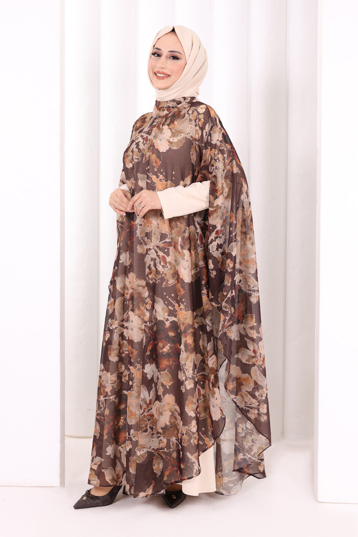 Desenli Şallı Elbise 6076 Kahverengi - 3