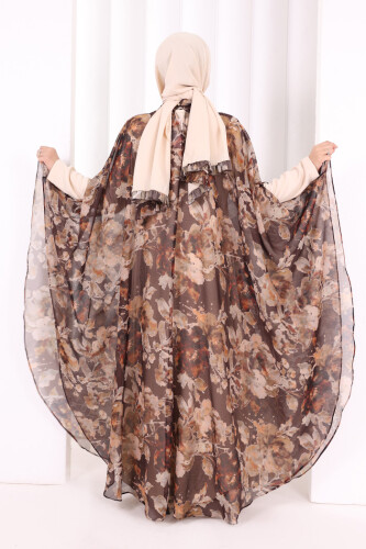 Desenli Şallı Elbise 6076 Kahverengi - 4