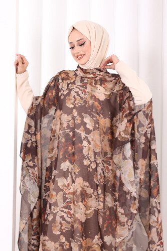 Desenli Şallı Elbise 6076 Kahverengi - 5