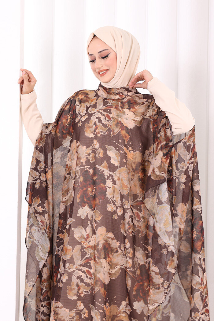 Desenli Şallı Elbise 6076 Kahverengi - 5