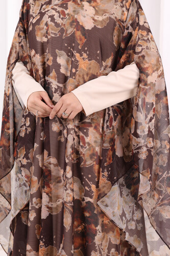 Desenli Şallı Elbise 6076 Kahverengi - 6