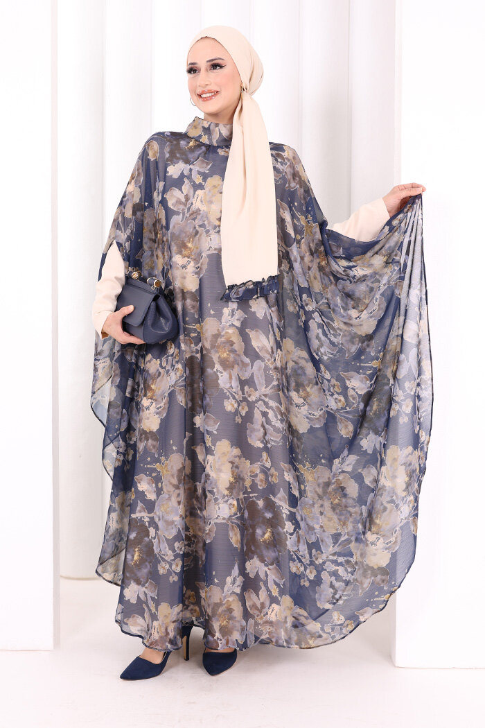 Desenli Şallı Elbise 6076 Lacivert - 1