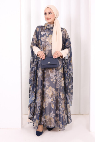 Desenli Şallı Elbise 6076 Lacivert - 2