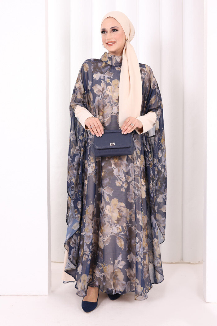 Desenli Şallı Elbise 6076 Lacivert - 2