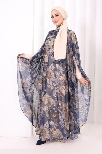 Desenli Şallı Elbise 6076 Lacivert - 3