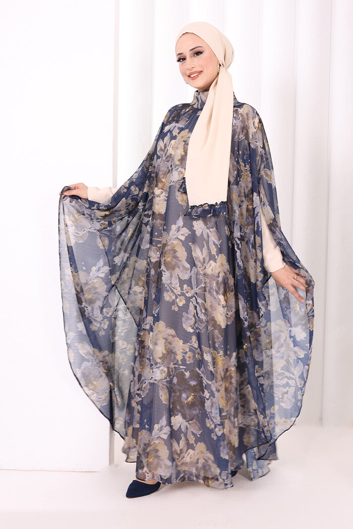 Desenli Şallı Elbise 6076 Lacivert - 3