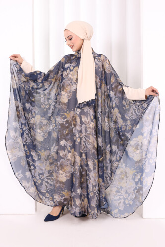 Desenli Şallı Elbise 6076 Lacivert - 4