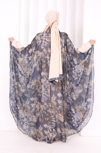 Desenli Şallı Elbise 6076 Lacivert - 5