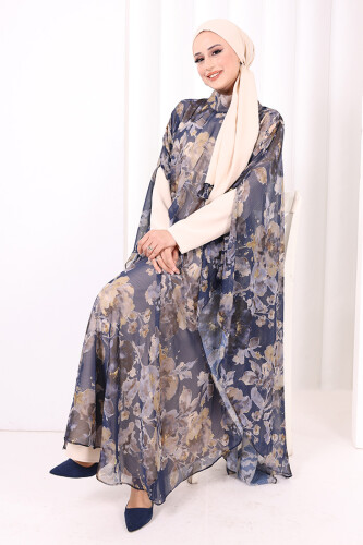 Desenli Şallı Elbise 6076 Lacivert - 6