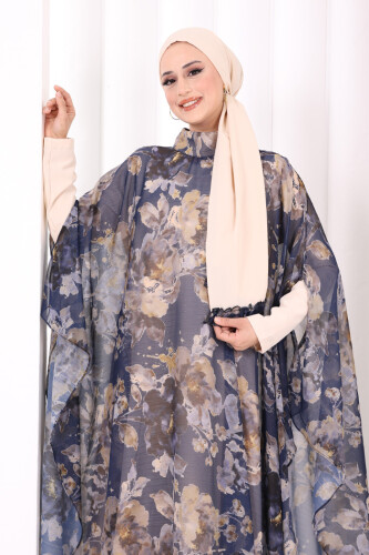 Desenli Şallı Elbise 6076 Lacivert - 7
