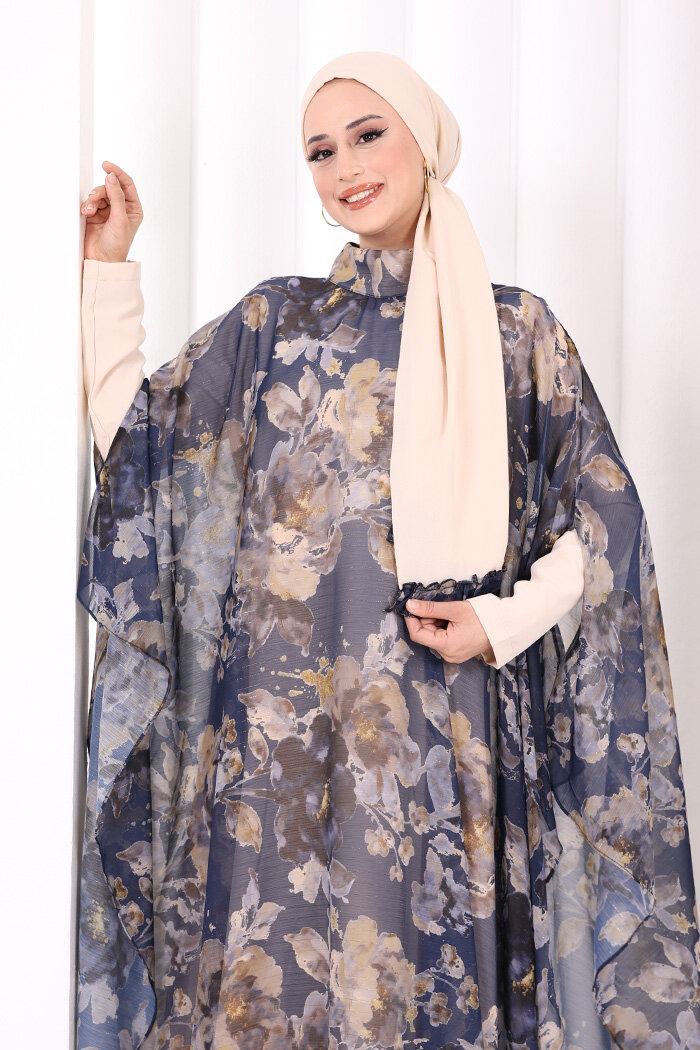 Desenli Şallı Elbise 6076 Lacivert - 7