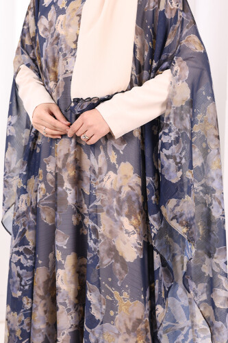 Desenli Şallı Elbise 6076 Lacivert - 8