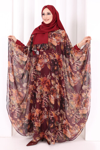 Desenli Şallı Elbise 6076 Mürdüm