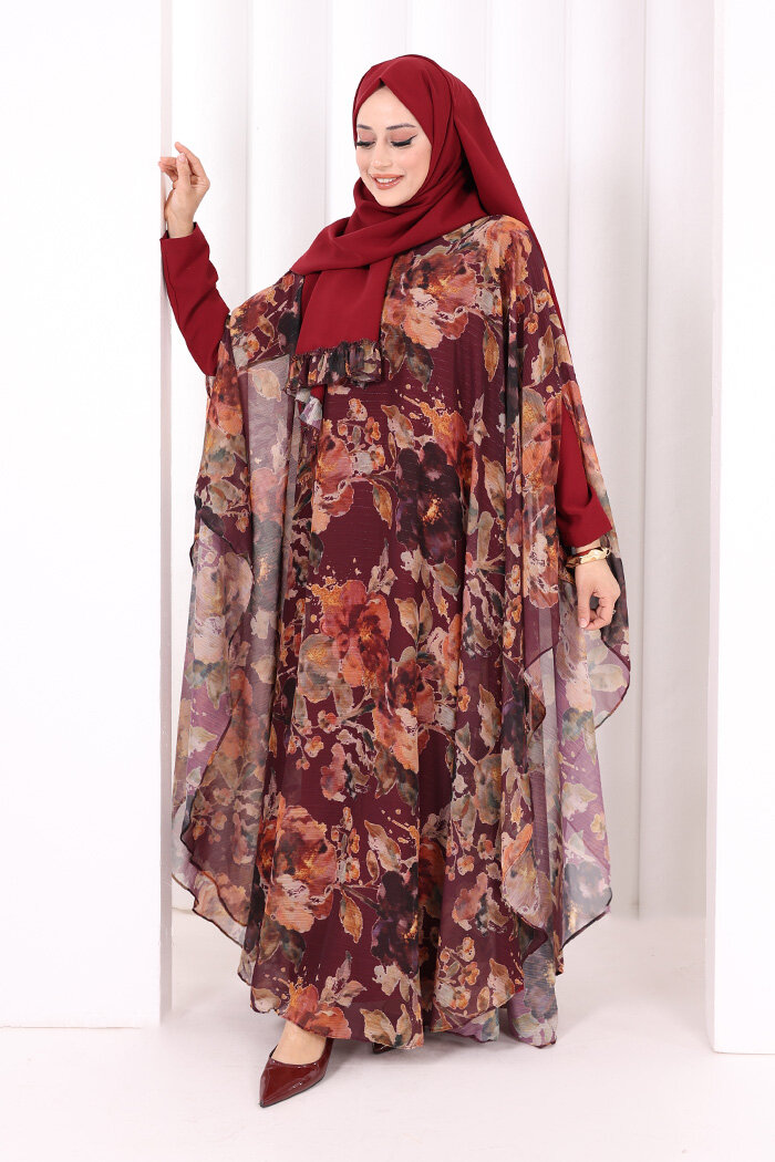 Desenli Şallı Elbise 6076 Mürdüm - 2