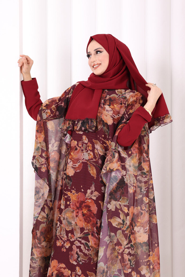 Desenli Şallı Elbise 6076 Mürdüm - 5