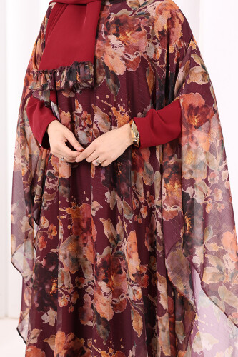 Desenli Şallı Elbise 6076 Mürdüm - 6