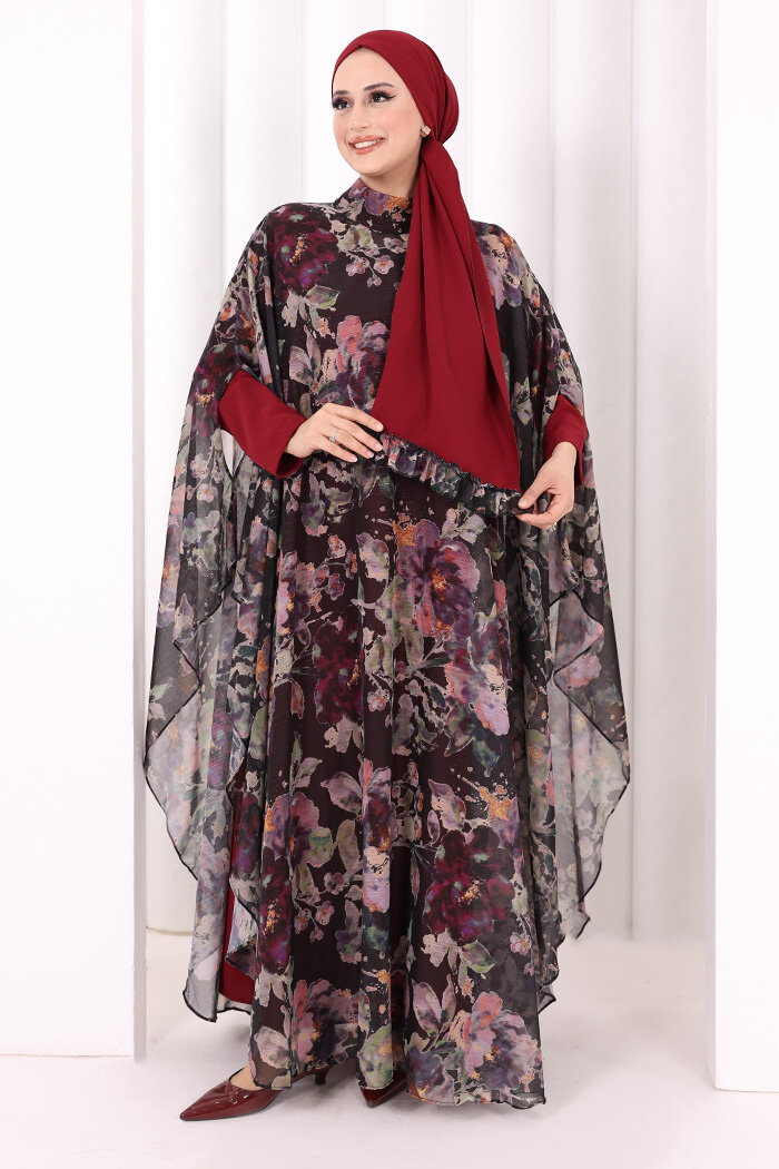 Desenli Şallı Elbise 6076 Siyah - 1