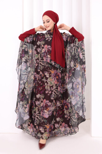 Desenli Şallı Elbise 6076 Siyah - 2