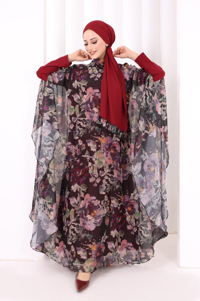 Desenli Şallı Elbise 6076 Siyah - 2