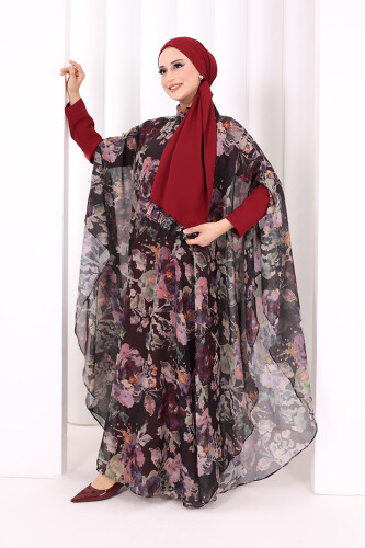 Desenli Şallı Elbise 6076 Siyah - 3