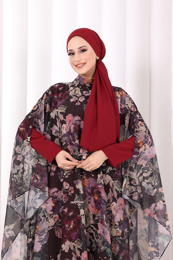 Desenli Şallı Elbise 6076 Siyah - 5