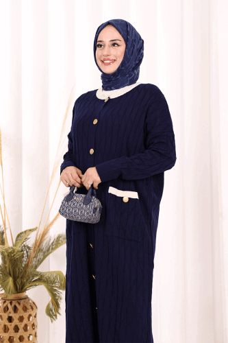 Desenli Triko Hırka 18207 Lacivert - 4