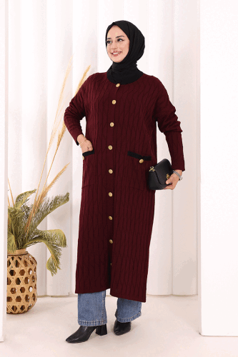 Desenli Triko Hırka 18207 Mürdüm 