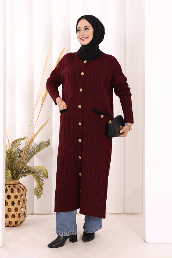 Desenli Triko Hırka 18207 Mürdüm - 1