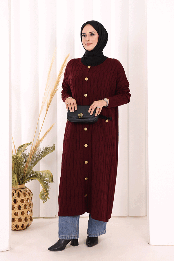 Desenli Triko Hırka 18207 Mürdüm - 2