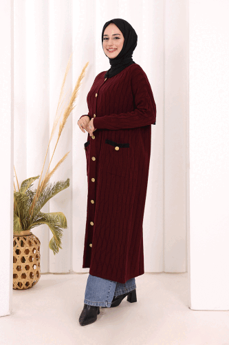 Desenli Triko Hırka 18207 Mürdüm - 4